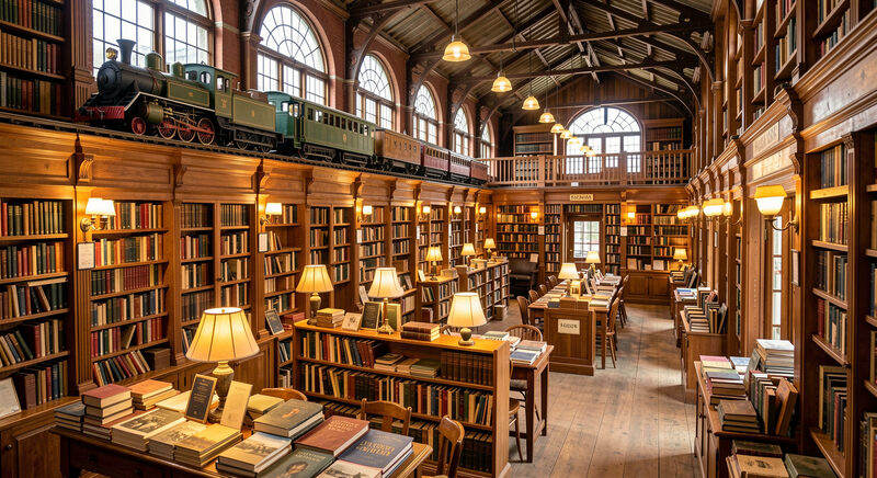 The interior of a vast second-hand bookshop in a converted Victorian railway station, wooden shelves to the ceiling and a model train running above.
