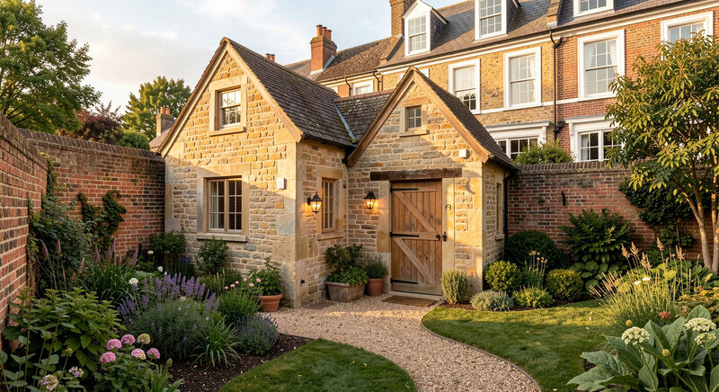 A stone coach house cottage with a small walled garden behind an old townhouse in a Northumberland market town.
