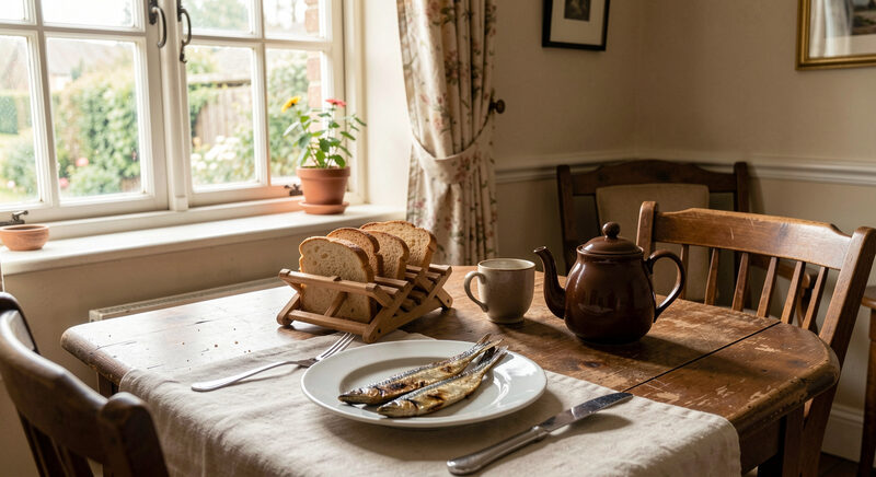 A breakfast table in a small guest house dining room with a plate of grilled kippers, a toast rack, a pot of tea and morning light through a sash window.