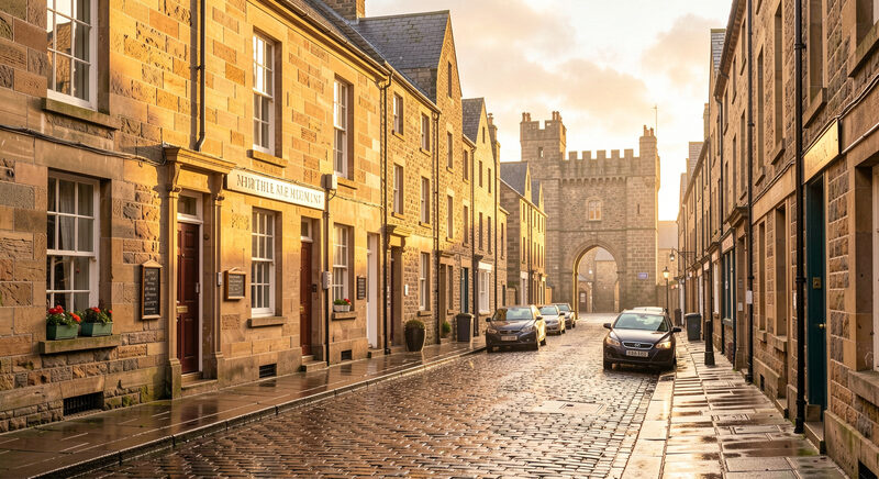 A honey sandstone market town street in Alnwick at early morning with the medieval gate tower in the distance