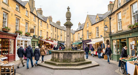 The market place of a small Northumberland town with a stone market cross, independent shops and people crossing on foot.