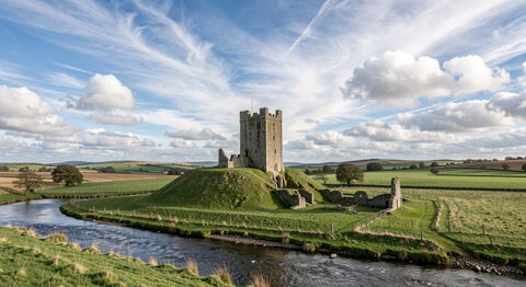 A ruined medieval castle on a green hill above a river in open Northumberland countryside under a wide sky.