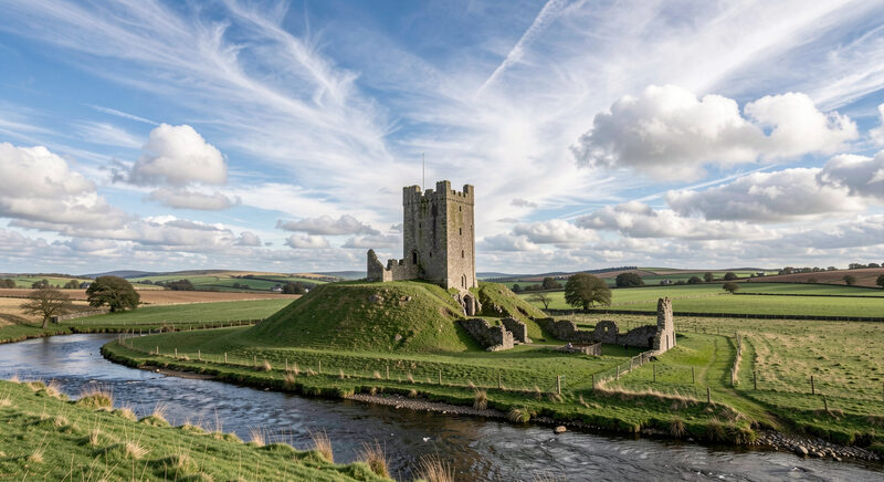 A ruined medieval castle on a green hill above a river in open Northumberland countryside under a wide sky.
