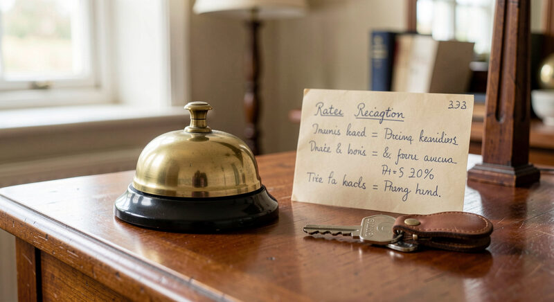 A handwritten rate card and a room key with a brass fob on the wooden reception desk of a small English guest house.