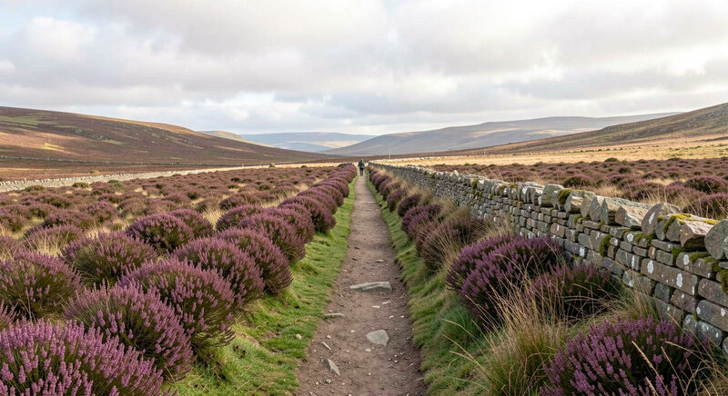A walking path through open moorland in the Cheviot hills with heather, a stone wall and one distant walker.
